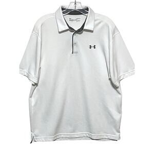 Under Armour White Polo Shirt Mens L Gray Trim Loose HeatGear Athleisure Preppy